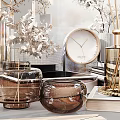 Modern Neutral Color Decorative Ornament Set With Glass Vases Reed Diffusers Clock And Dried Flowers