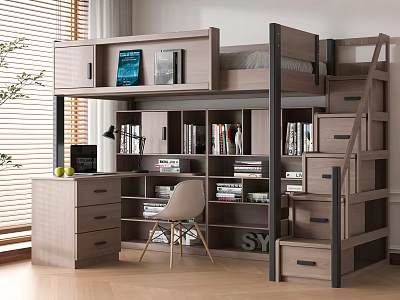 Modern Wooden Bunk Bed With Built In Desk Bookshelf And Storage Drawer Stairs 3d model