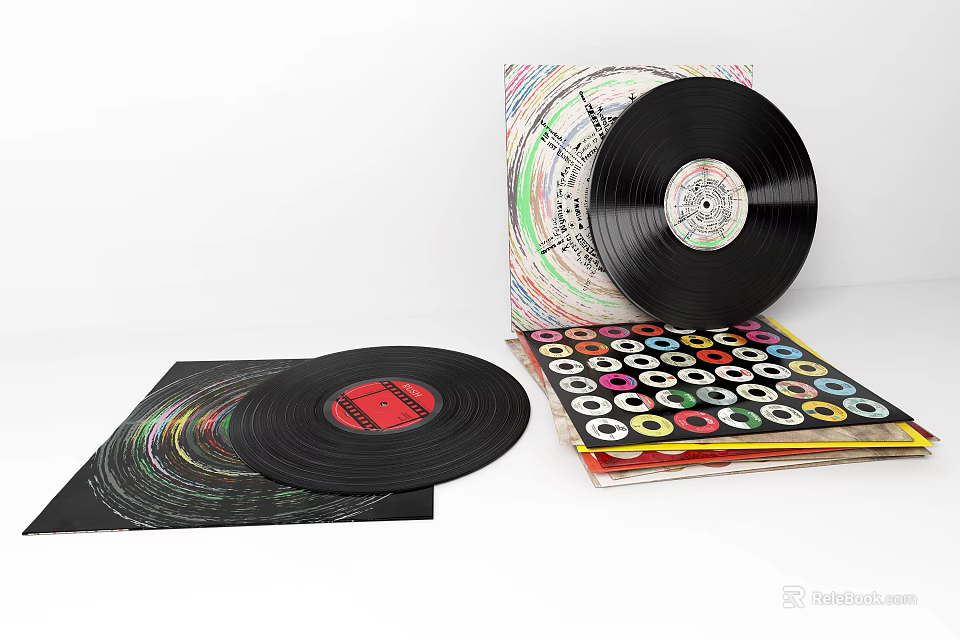 Premium Headphones Audio Setup Featuring Stacked Vinyl Records on White Surface 3d model