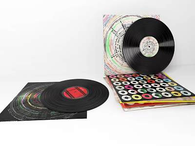 Premium Headphones Audio Setup Featuring Stacked Vinyl Records on White Surface 3d model