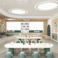 Kindergarten Interior With Round Ceiling Lights Bookshelves Colorful Tables And Green Stools