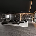 Modern Living Room Interior With Black Sectional Sofa Rock Wall Floor-to-Ceiling Windows And Fireplace