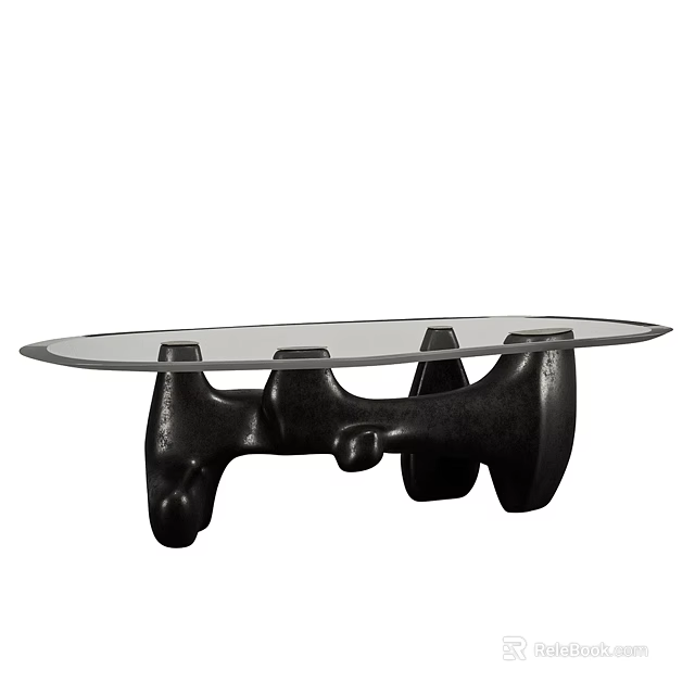 Modern Coffee Table Featuring Glass Top and Unique Black Sculptural Base 3d model 