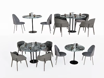 Modern Dining Table Set With Round Marble Top And Grey Chairs For Home Use 3d model
