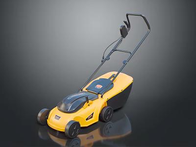 Yellow Lawn Mower With Black Handle And Wheels For Grass Plant Care In Garden 3d model