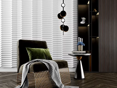 Stylish Dark Green Single Sofa With Green Cushion Plaid Blanket Beside Small Table Books Vase 3d model
