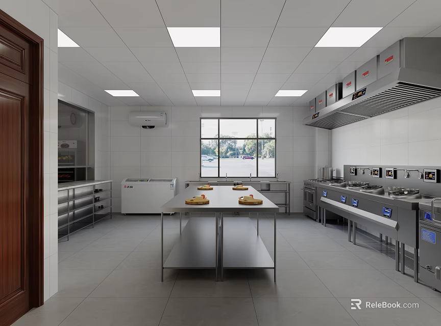 Commercial Kitchen Interior With Stainless Steel Equipment White Tile Walls Central Worktable And Ventilation System 3d model 