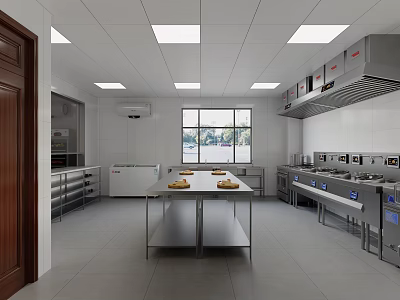 Commercial Kitchen Interior With Stainless Steel Equipment White Tile Walls Central Worktable And Ventilation System 3d model