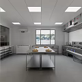 Commercial Kitchen Interior With Stainless Steel Equipment White Tile Walls Central Worktable And Ventilation System