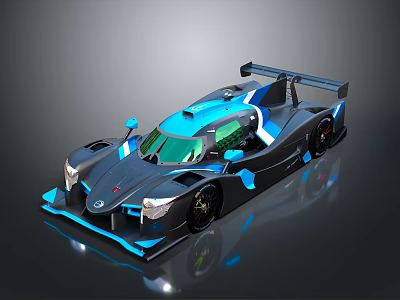Black and Blue Race Car with Sleek Aerodynamic Exterior and Rear Wing 3d model