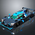 Black and Blue Race Car with Sleek Aerodynamic Exterior and Rear Wing
