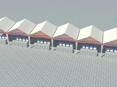 Photo Check In Spot With Row of Tents White Roofs Colorful Decorations Gray Brick Pavement 3d model