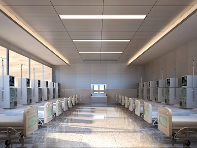 Hospital Outpatient Clinic With Long Corridor Rows Of Beds Medical Equipment And Ceiling Lighting 3d model