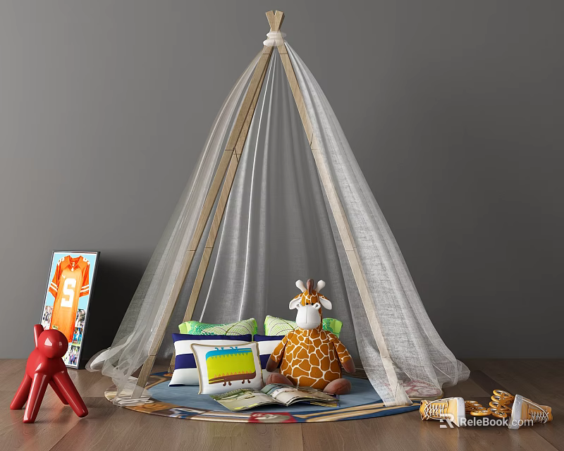 Kids Indoor Play Tent with Giraffe Stuffed Toy Books Cushions Red Chair on Wooden Floor 3d model 
