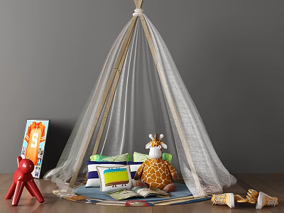 Kids Indoor Play Tent with Giraffe Stuffed Toy Books Cushions Red Chair on Wooden Floor 3d model