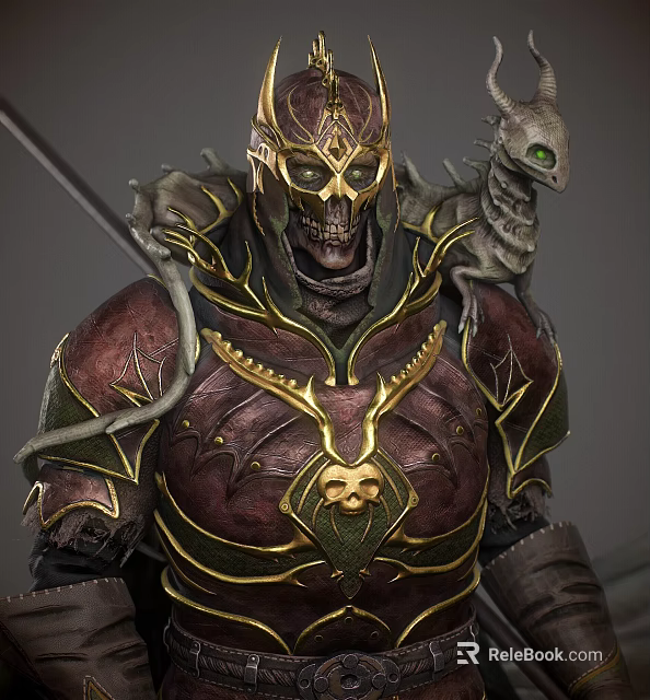 Game Movie Skeleton Warrior Character With Ornate Gold Red Armor And Snake Companion 3d model 
