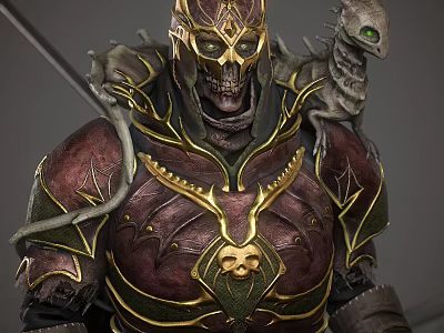 Game Movie Skeleton Warrior Character With Ornate Gold Red Armor And Snake Companion 3d model