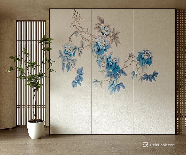 Japanese Style Decorative Wall With Blue Peony Patterns And Bamboo Plant 3d model 