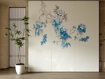 Japanese Style Decorative Wall With Blue Peony Patterns And Bamboo Plant 3d model