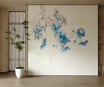 New Chinese Style Hard Bag Living Room Printed Background Wall Bedside Hard Bag Wall Cloth 3d model