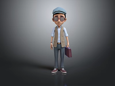 Man In Casual Attire Wearing Blue Cap And Glasses Vest Shirt Holding Briefcase 3d model