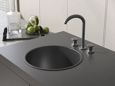Black Round Kitchen Sink With Silver Faucet Two Handles And Green Fruits On Countertop 3d model