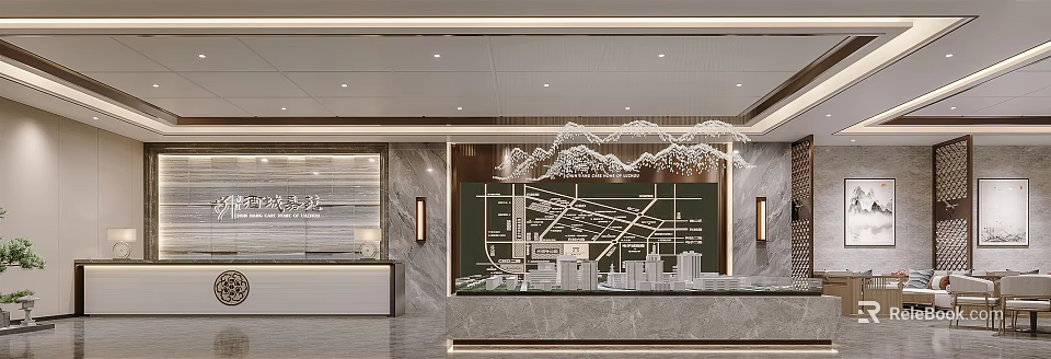 Modern Sales Center With Master Plan Model And Marble Decor Lighting Design 3d model