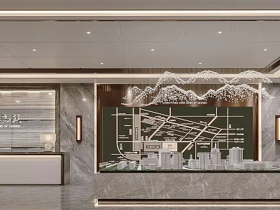 Modern Sales Center With Master Plan Model And Marble Decor Lighting Design 3d model