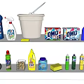 Assorted Household Cleaning Supplies With OMO Detergent Bottles Sponges Brushes And Basin