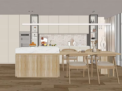 Modern Restaurant Open Kitchen Design With Wooden Island Dining Table And Chairs 3d model