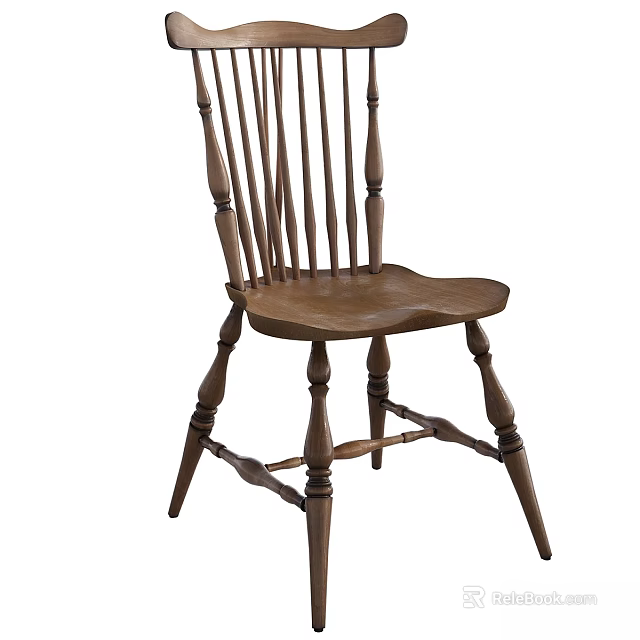 Classic Wooden Chair With Spindle Back Curved Seat And Solid Wood Legs 3d model 