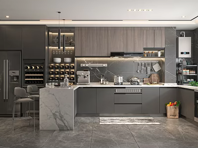 Modern Kitchen Interior With Marble Island Dark Cabinets And Appliances 3d model