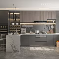 Modern Kitchen Interior With Marble Island Dark Cabinets And Appliances