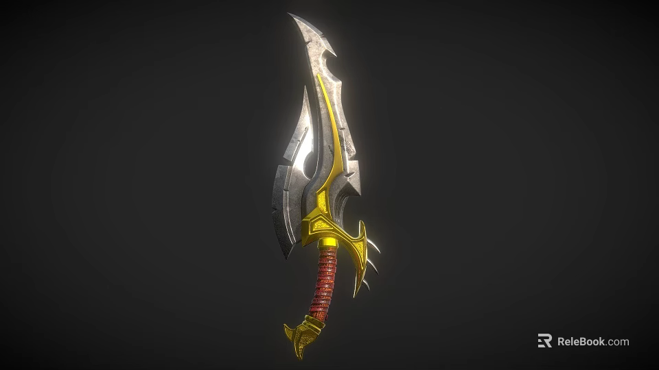 Mythical Decorative Weapon With Golden Silver Accents And Red Wrapped Hilt 3d model 