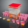 Red And Yellow Popcorn Machine With Paper Buckets And Scattered Kernels 3d model