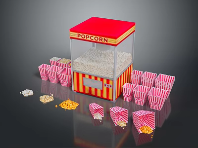 Red And Yellow Popcorn Machine With Paper Buckets And Scattered Kernels 3d model