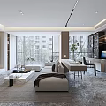 Modern Living and Dining Room Interior With Sofa Dining Table Large Windows And Area Rug
