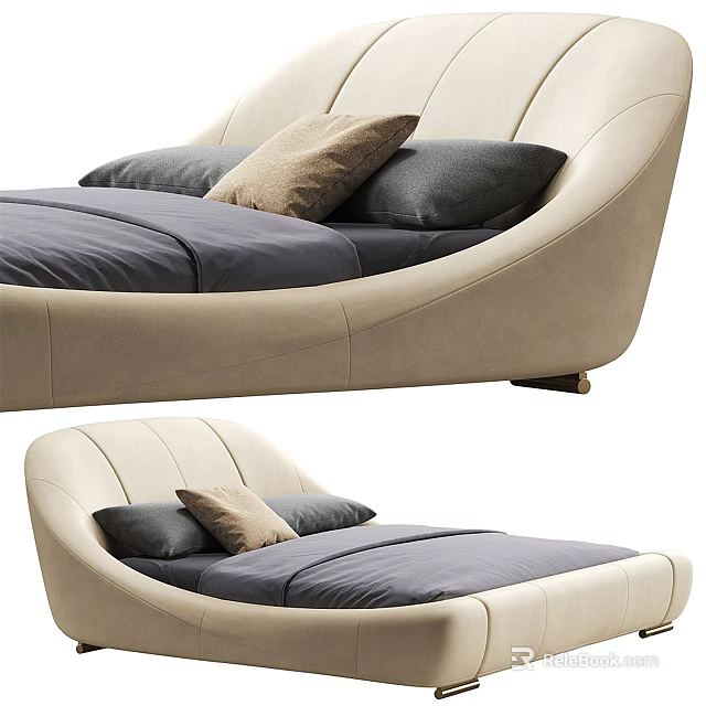 Modern Curved Design Double Bed With Beige Upholstered Headboard And Gray Bed Linen Pillows 3d model 
