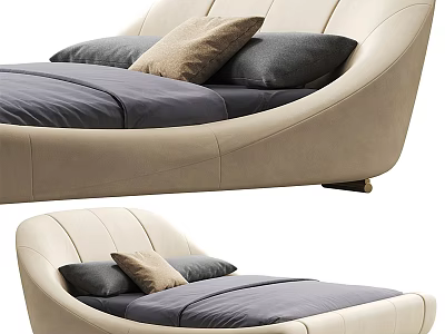 Modern Curved Design Double Bed With Beige Upholstered Headboard And Gray Bed Linen Pillows 3d model