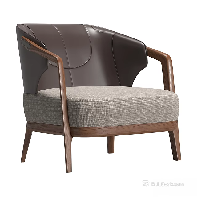 Modern Accent Chair With Leather Backrest Fabric Seat And Wooden Frame Design 3d model 
