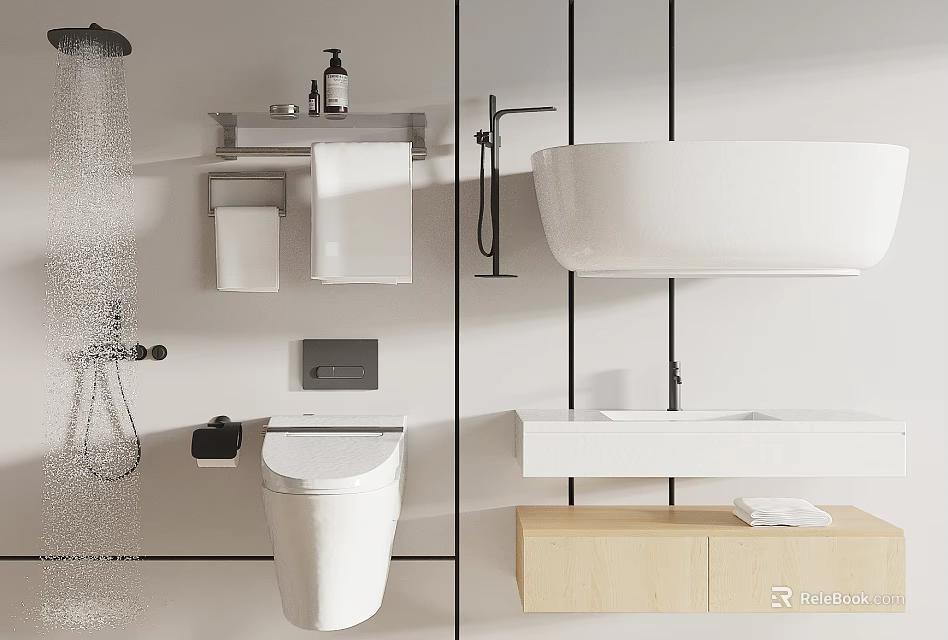 Modern Wall-Mounted Toilet in Contemporary Bathroom with Shower Sink Towel Rack Shelf and Wooden Cabinet 3d model 