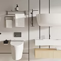 Modern Wall-Mounted Toilet in Contemporary Bathroom with Shower Sink Towel Rack Shelf and Wooden Cabinet