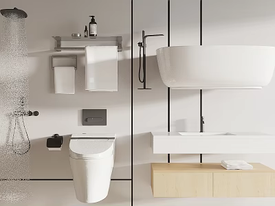 Modern Wall-Mounted Toilet in Contemporary Bathroom with Shower Sink Towel Rack Shelf and Wooden Cabinet 3d model