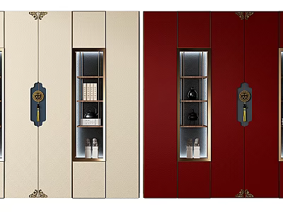 Chinese Beige And Red Bookcases With Gold Accents Blue Handles Glass Display Shelves Books Decor 3d model