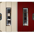 Chinese Beige And Red Bookcases With Gold Accents Blue Handles Glass Display Shelves Books Decor
