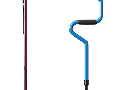 Red And Blue Walking Canes With Curved Handle And Black Grip 3d model