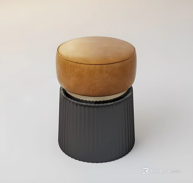 Modern Stool With Brown Leather Top And Black Ribbed Base 3d model