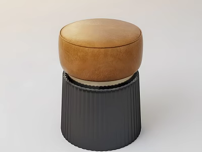 Modern Stool With Brown Leather Top And Black Ribbed Base 3d model