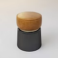 Modern Stool With Brown Leather Top And Black Ribbed Base