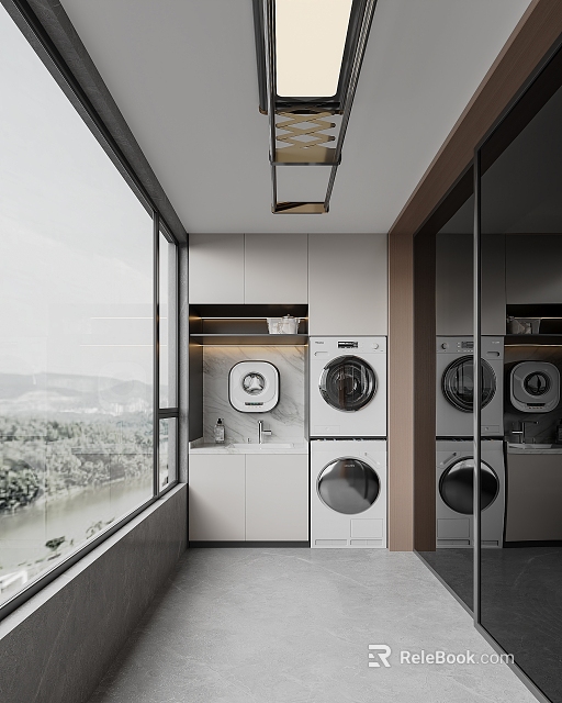 Modern Home Balcony With Washing Machine Dryer Storage Cabinets Large Window And Scenic View 3d model 